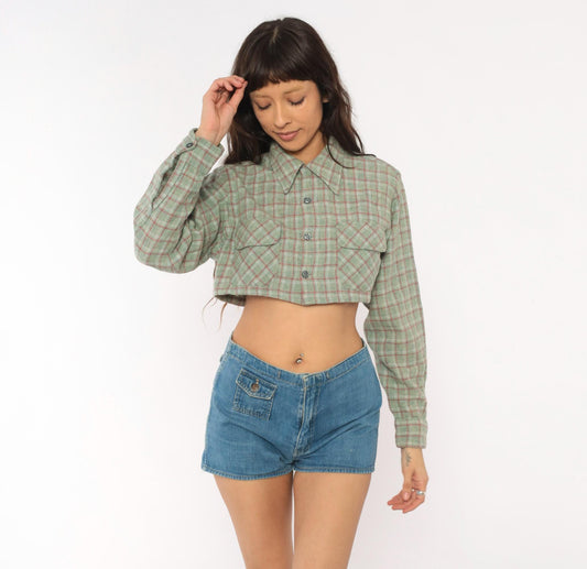 60s Towncraft Cropped Plaid Wool Shirt Sage Green Red Windowpane Medium