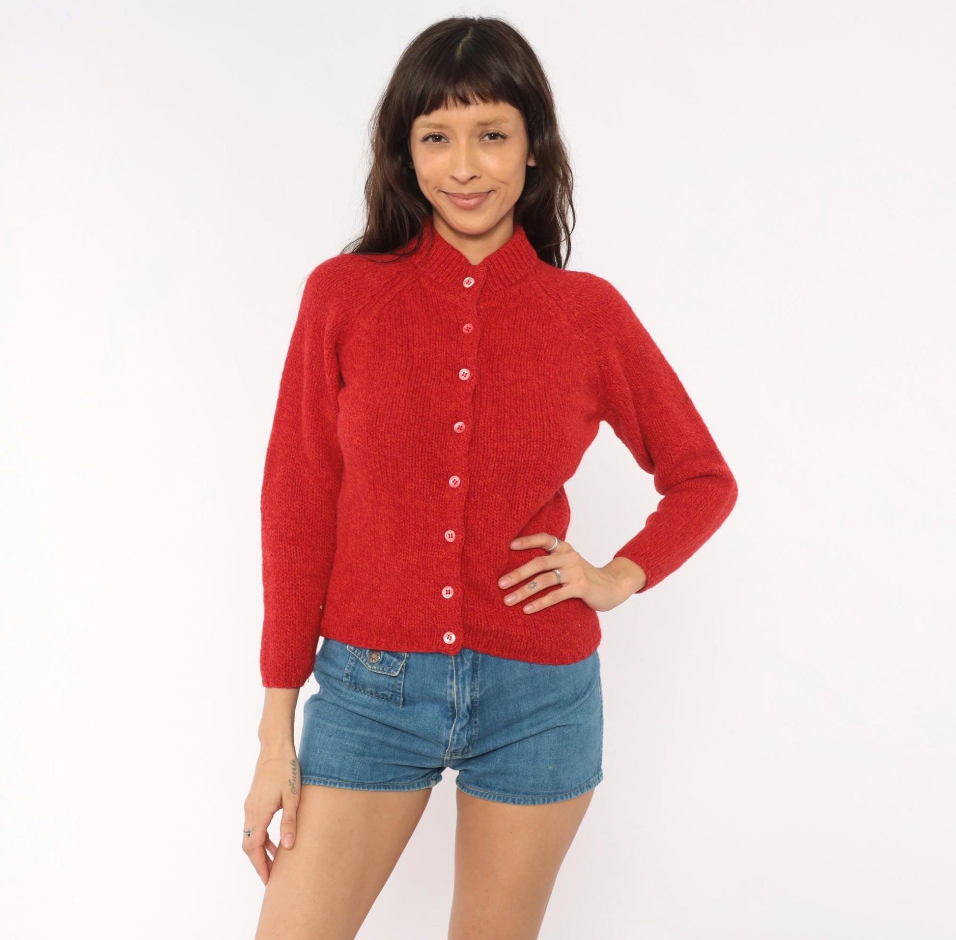70s Bernhard Altmann Red Shetland Wool Cardigan Mock Neck Extra Small XS