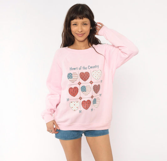 90s Heart of the Country Pink Patchwork Sweatshirt Raglan Cotton Medium M