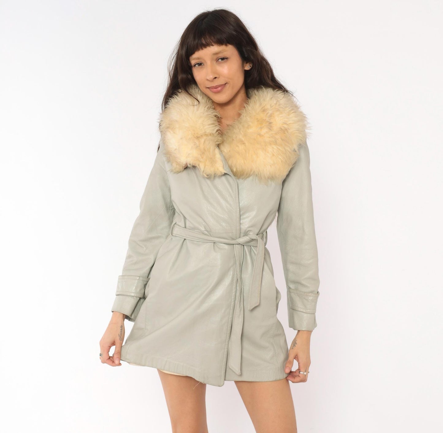 70s Grey Leather Coat Cream Fur Collar Belted Mini Jacket Small S