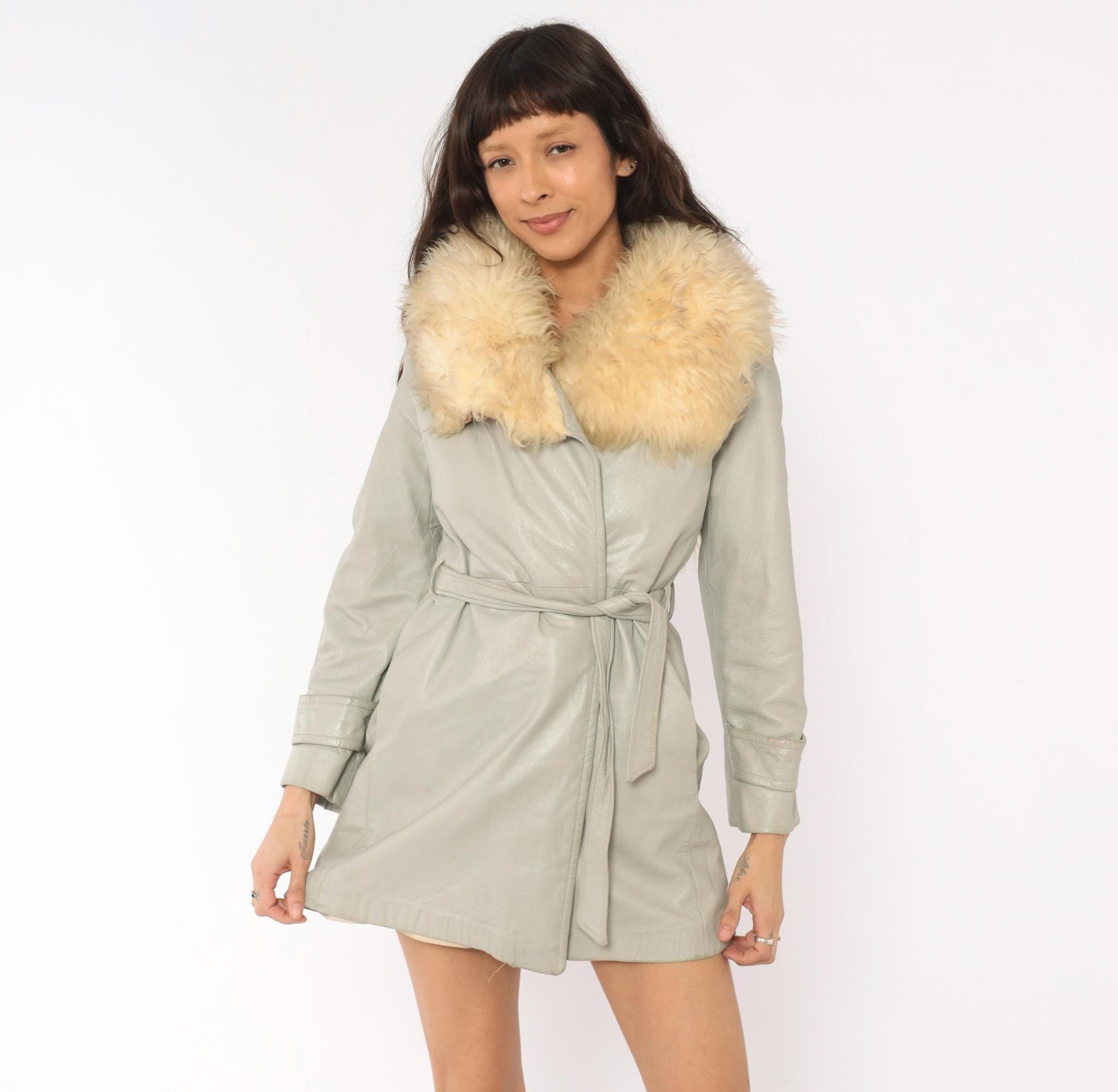 70s Grey Leather Coat Cream Fur Collar Belted Mini Jacket Small S