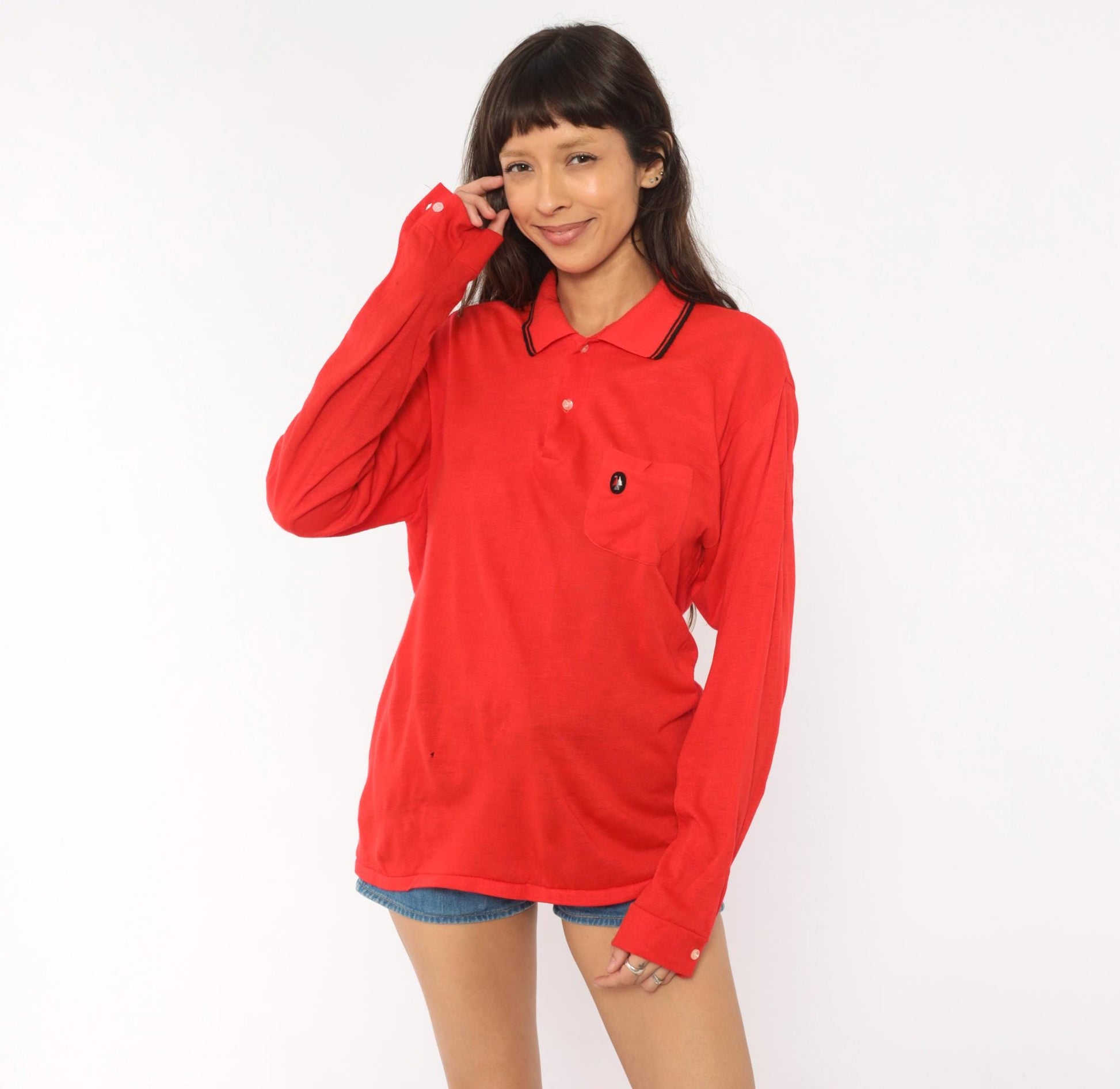 70s Red Polo Shirt Long Sleeve Black Tipped Collar Snap Button Knit Large L