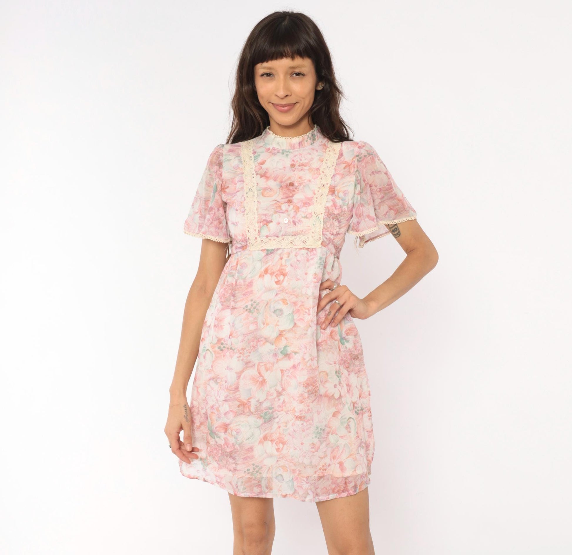 70s R.A.R. Pink Floral Mini Dress Puff Sleeve Crochet Bib Extra Small XS