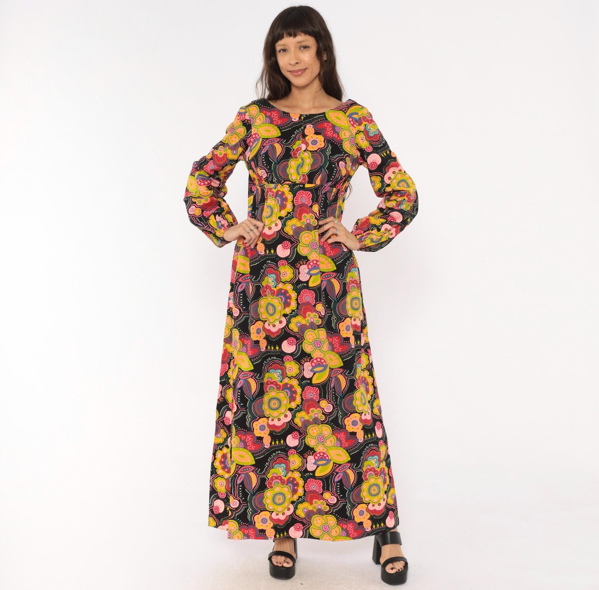 70s Psychedelic Floral Maxi Dress Black Pink Open Back Empire Waist Medium Large