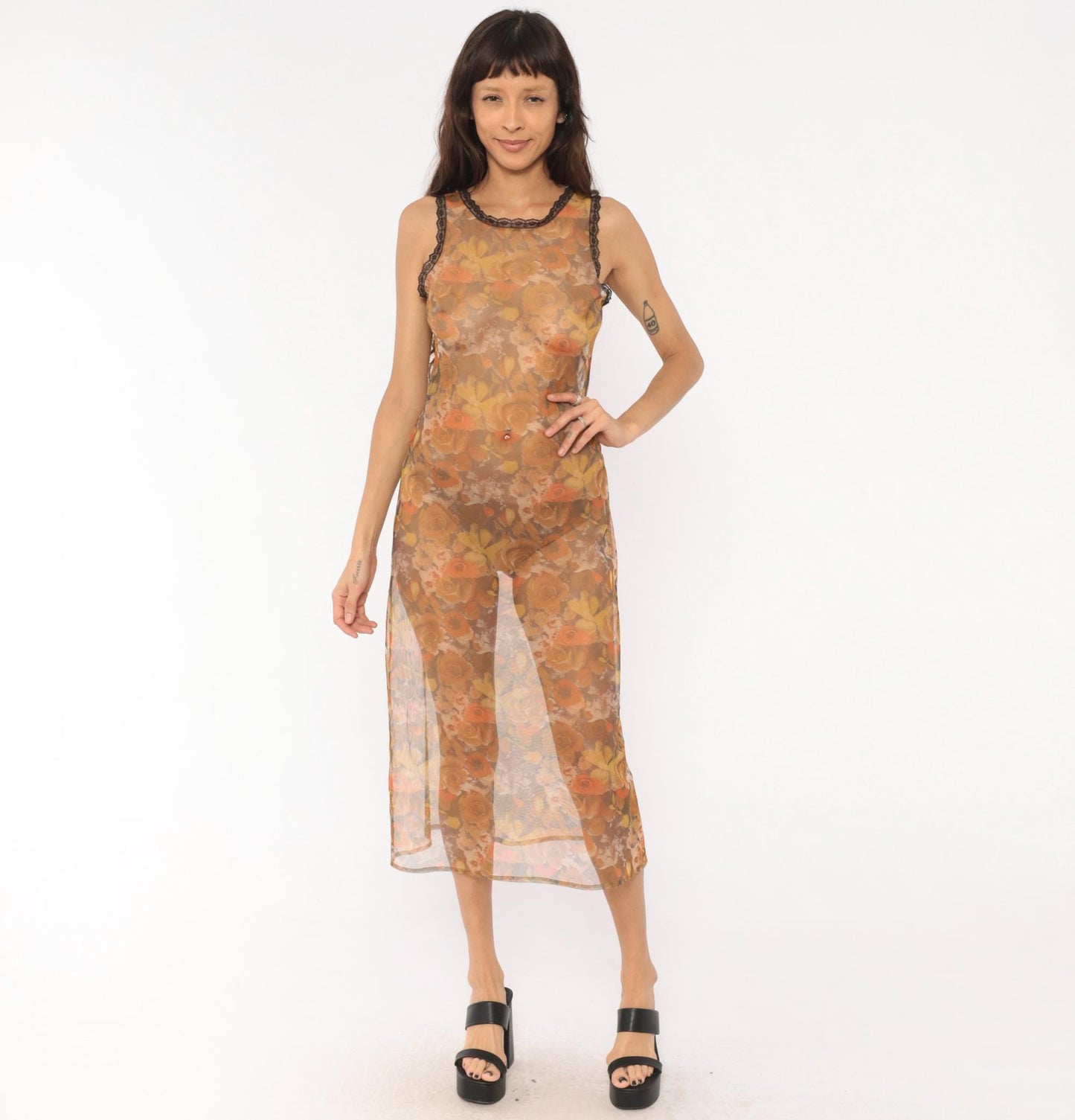 90s Floral Mesh Midi Dress Sheer Rose Print Orange Tan Brown Extra Small XS