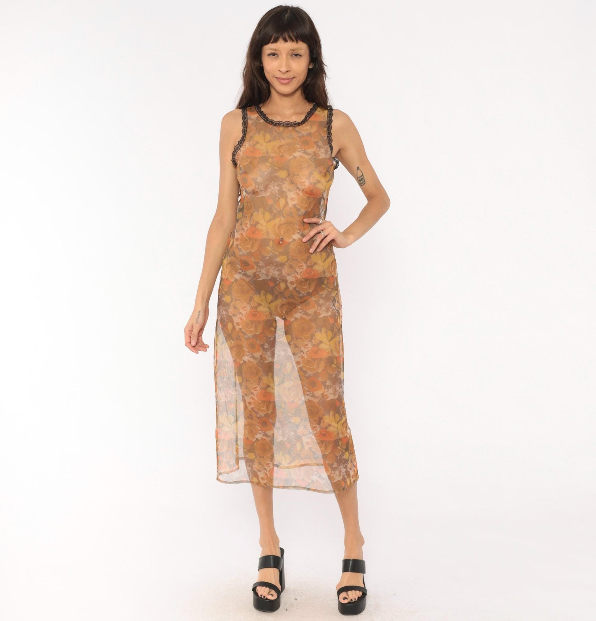 90s Floral Mesh Midi Dress Sheer Rose Print Orange Tan Brown Extra Small XS