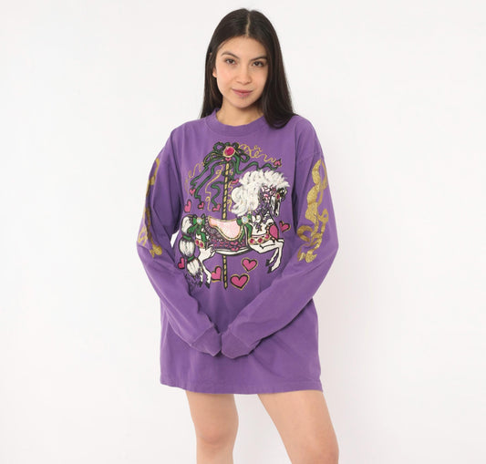 90s Anvil Carousel Horse Purple Glitter Long Sleeve Tee Extra Large