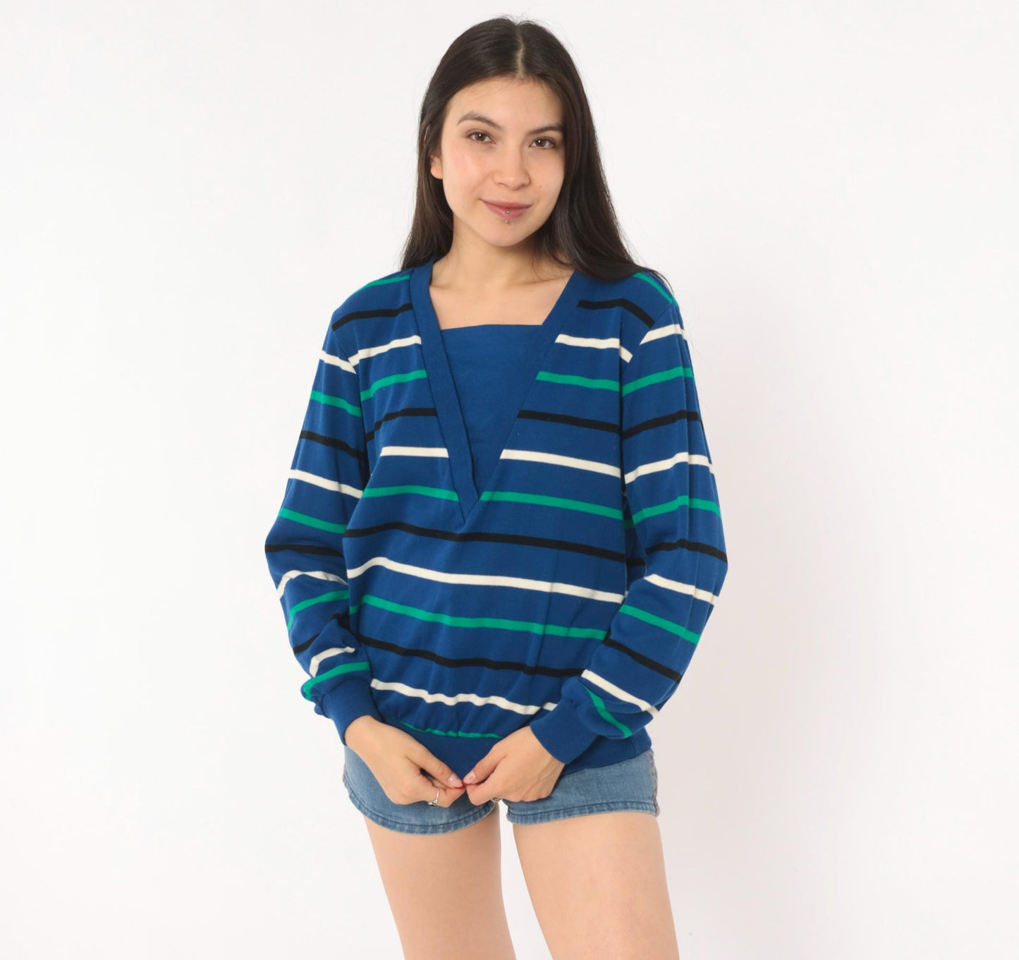 80s Alfred Dunner Striped V-Neck Sweater Cobalt Blue Cotton Knit Small