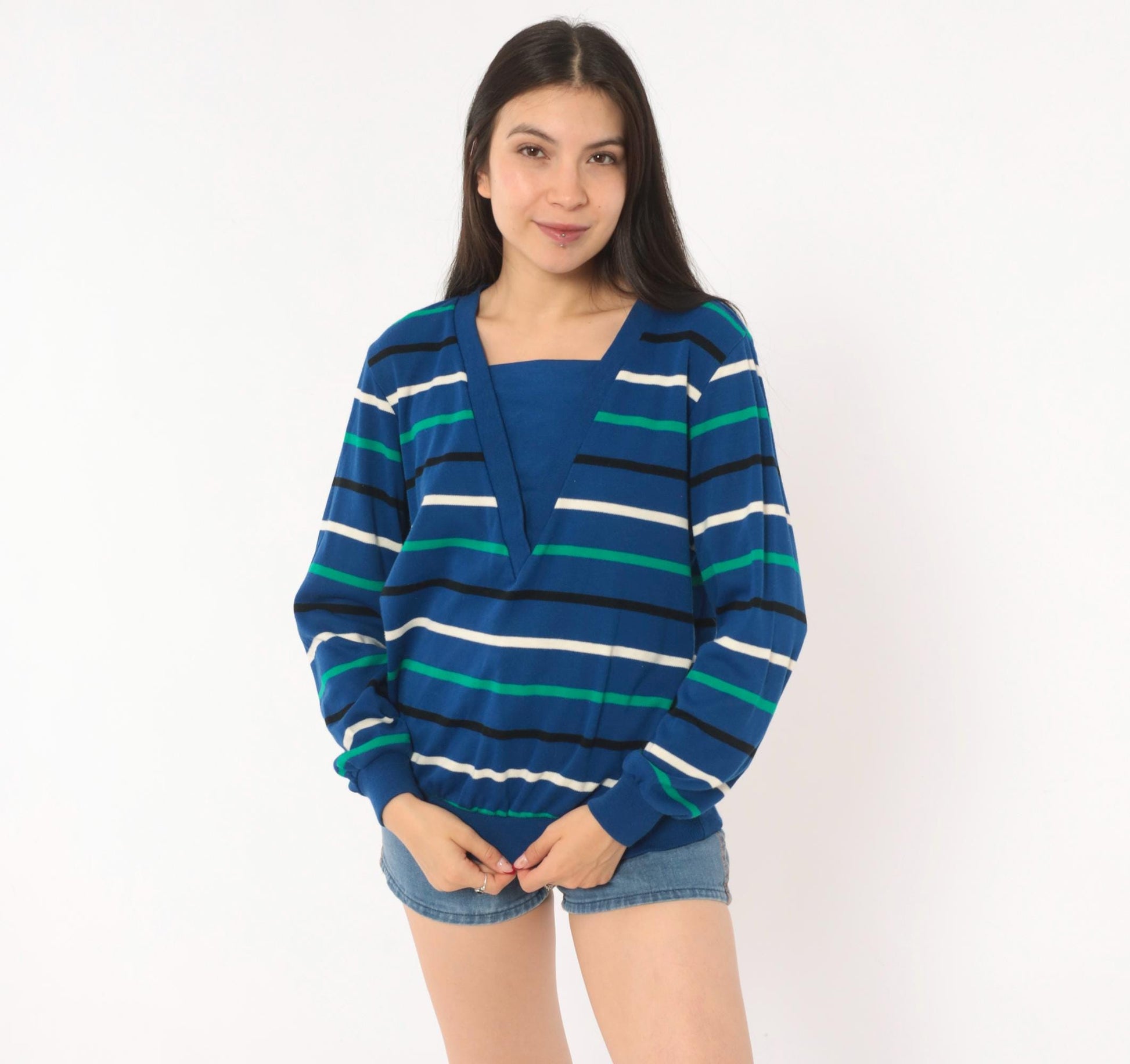 80s Alfred Dunner Striped V-Neck Sweater Cobalt Blue Cotton Knit Small