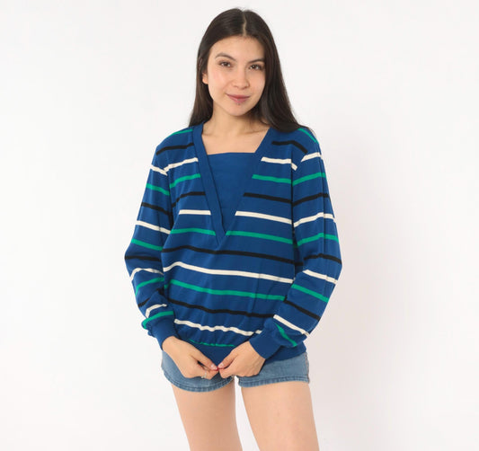 80s Alfred Dunner Striped V-Neck Sweater Cobalt Blue Cotton Knit Small