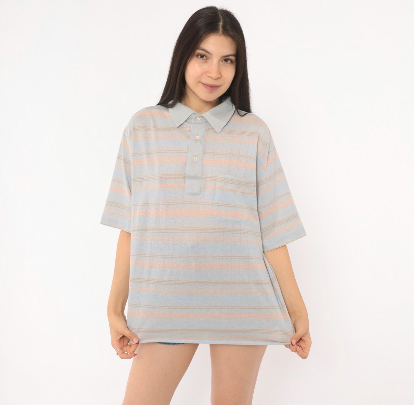 80s Knights Bridge Striped Polo Shirt Grey Peach Cotton Short Sleeve Extra Large XL