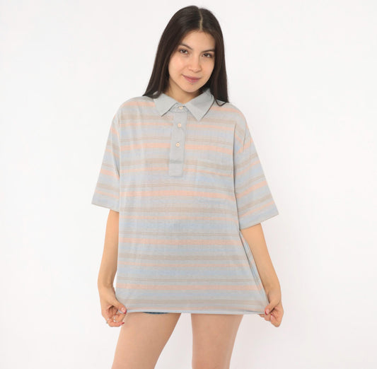 80s Knights Bridge Striped Polo Shirt Grey Peach Cotton Short Sleeve Extra Large XL