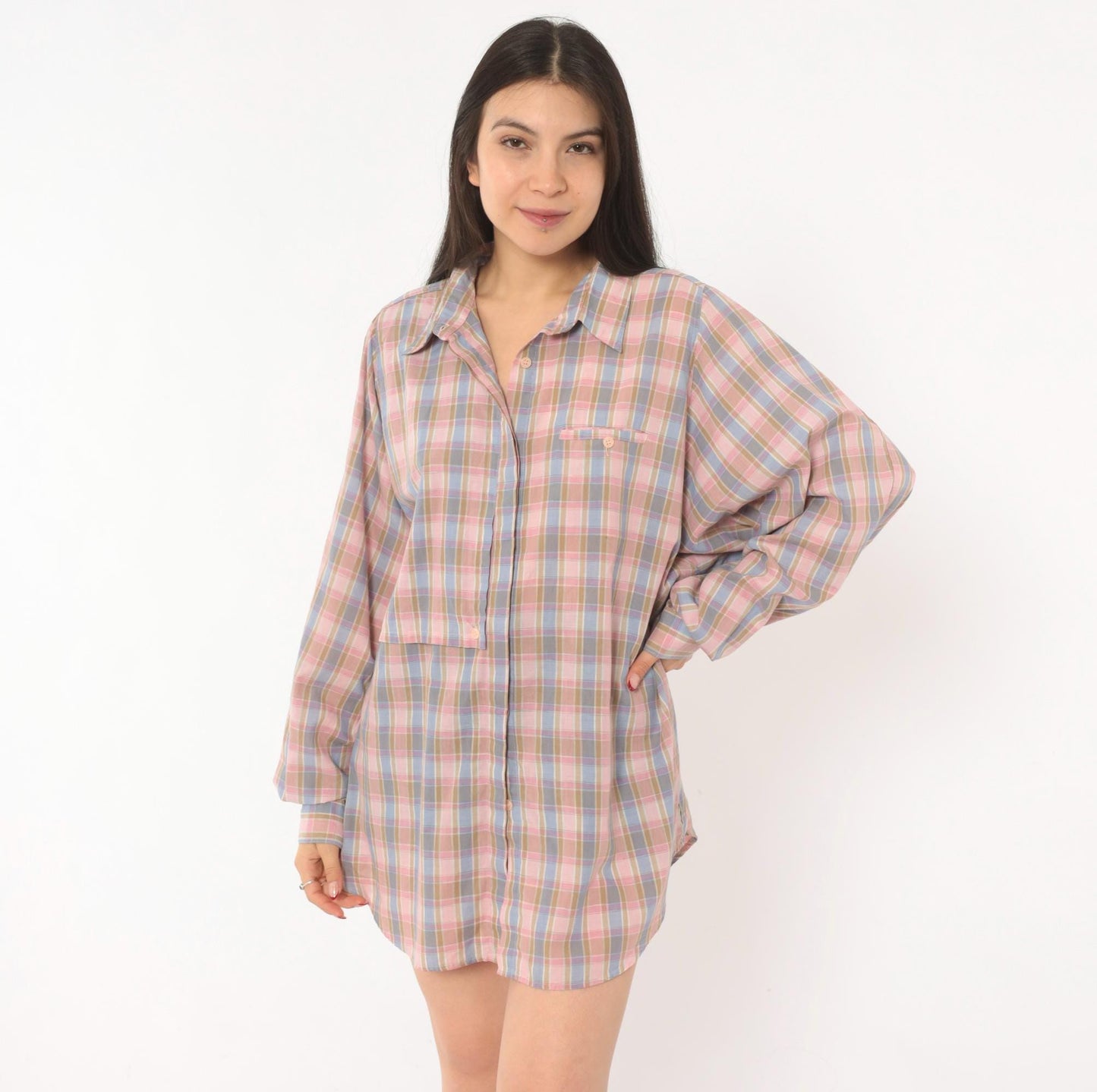 90s Cali Plaid Button Front Shirt Pink Periwinkle Cotton Plus Size 1X