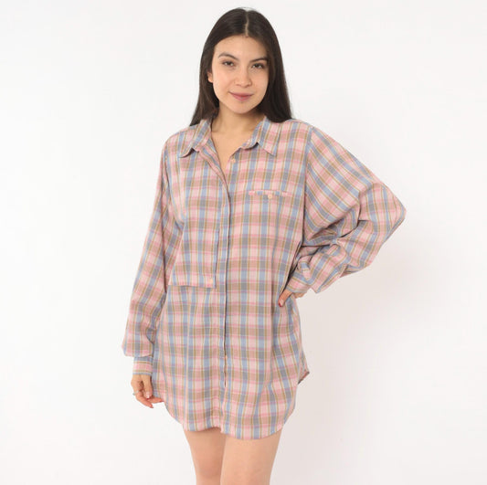 90s Cali Plaid Button Front Shirt Pink Periwinkle Cotton Plus Size 1X