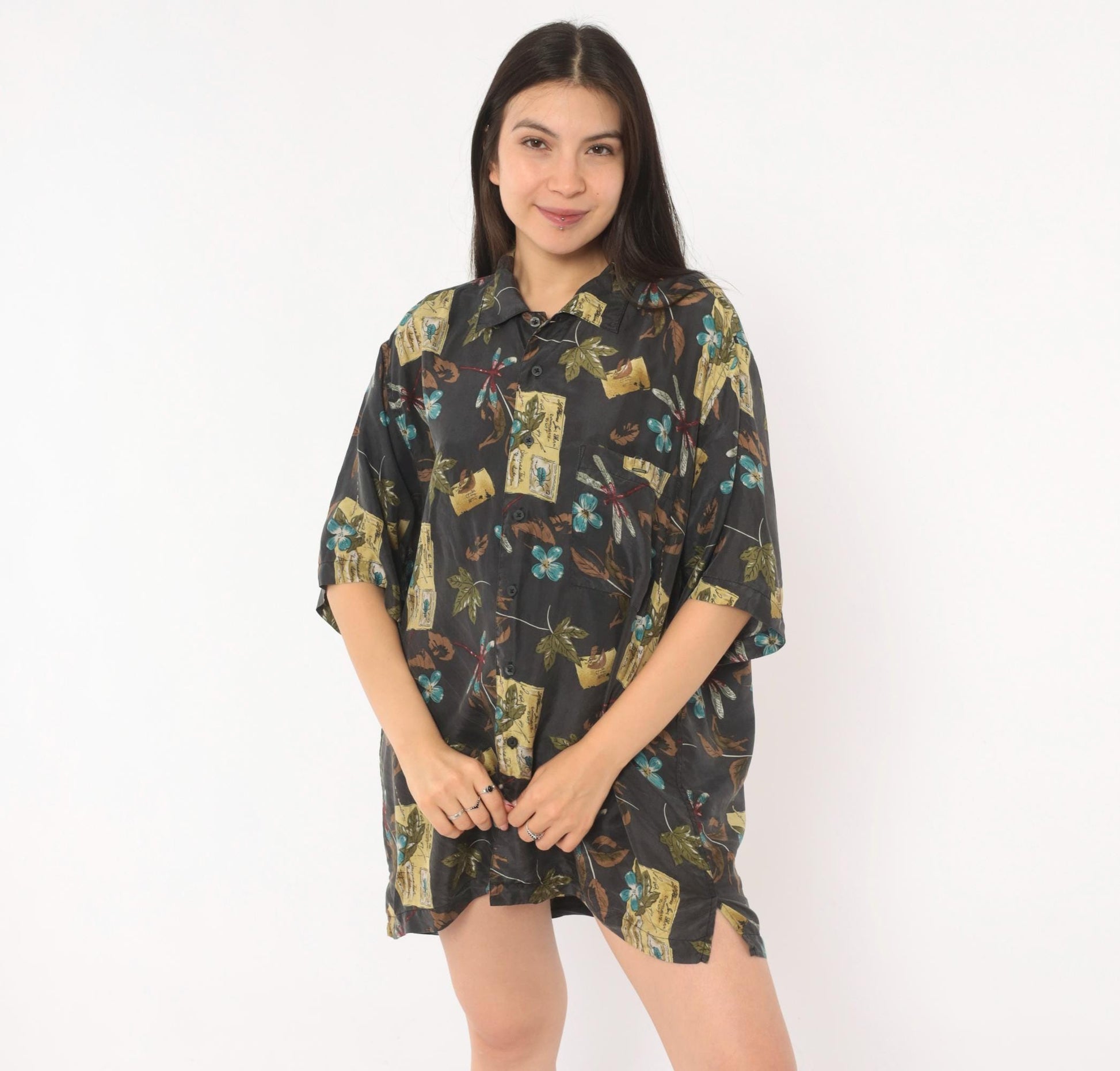 Y2K Firethorn Silk Camp Collar Shirt Dragonfly Botanical Print Teal Medium M