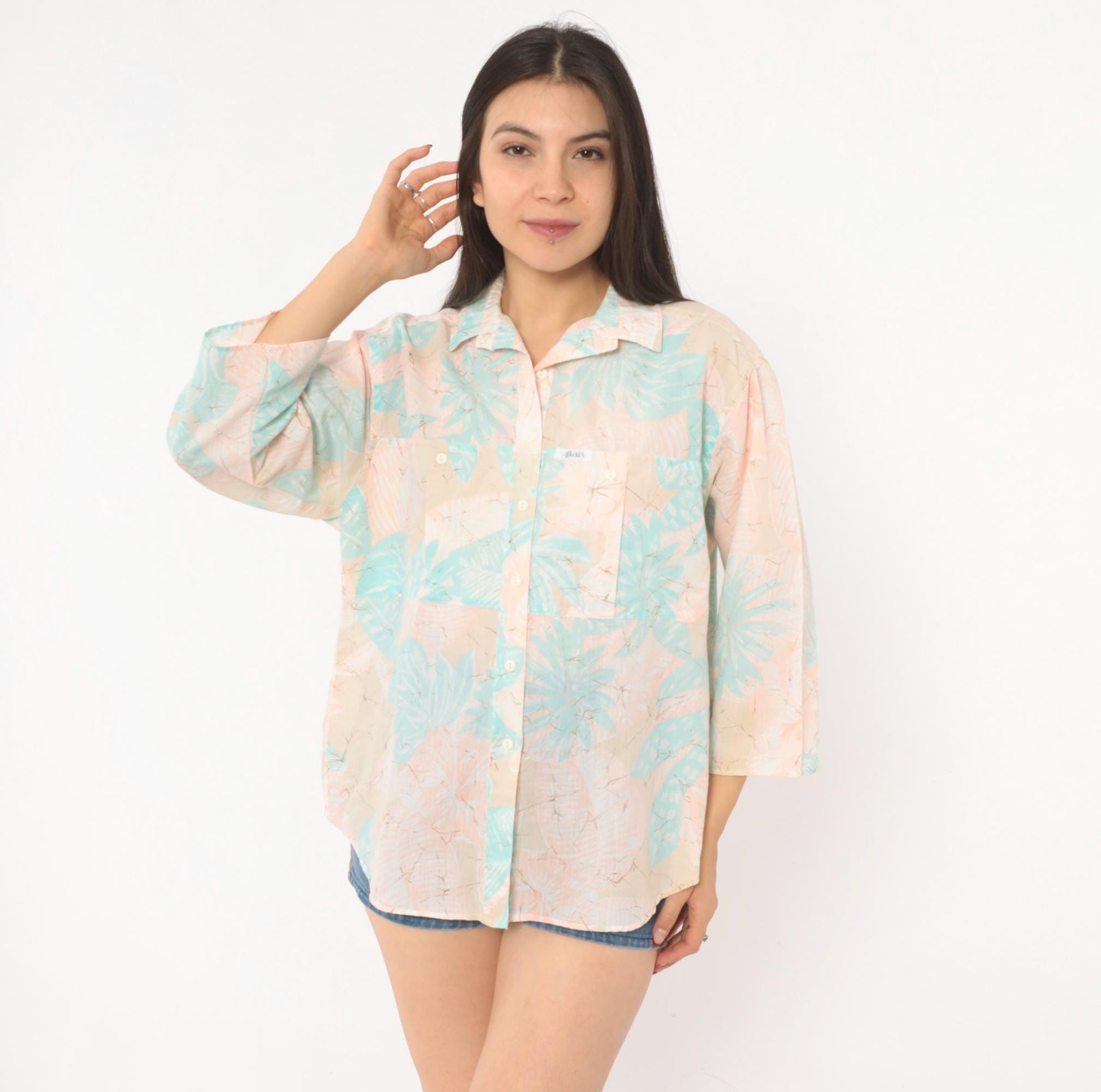 90s Alais Tropical Leaf Camp Collar Shirt Pastel Pink Mint Cotton Medium M