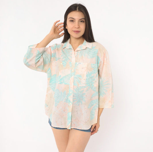 90s Alais Tropical Leaf Camp Collar Shirt Pastel Pink Mint Cotton Medium M