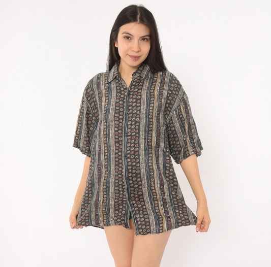 90s Summa Abstract Silk Shirt Grey Burgundy Stripe Camp Collar Small S