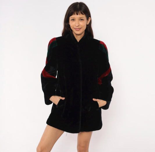 80s Sasson Faux Fur Coat Black Colorblock Stripe Stand Collar Medium M