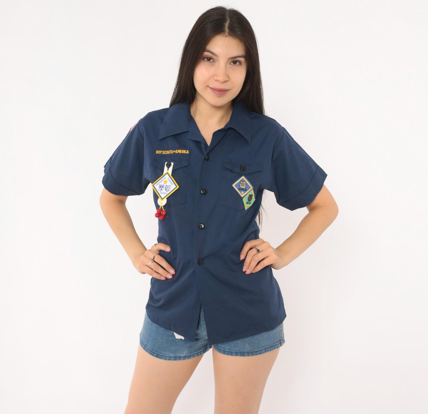 90s Boy Scouts of America Navy Uniform Shirt Bobcat Bear Patches Small