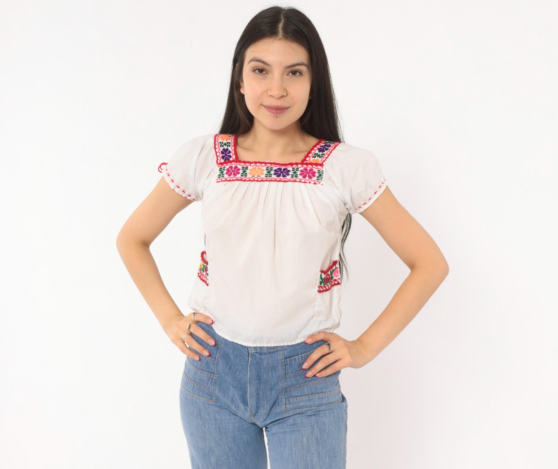 80s Mexican Embroidered Cotton Peasant Blouse White Floral Square Neck Extra Small XS