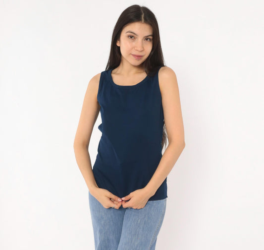 70s Navy Blue Tank Top Alex Colman Sleeveless Shell Scoop Neckline Extra Small XS