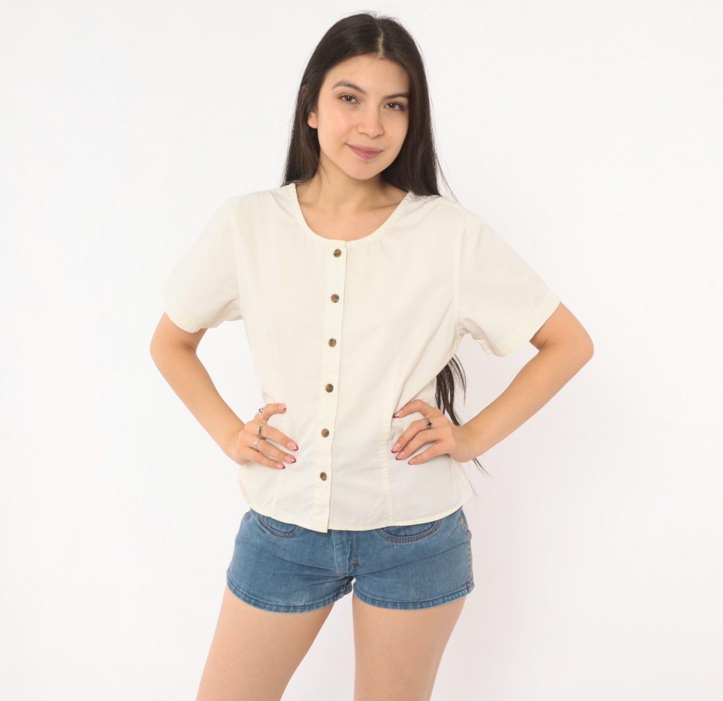 Y2K REI Cream Cotton Button-Front Blouse Short Sleeve Small