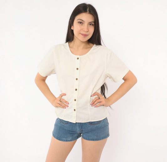 Y2K REI Cream Cotton Button-Front Blouse Short Sleeve Small