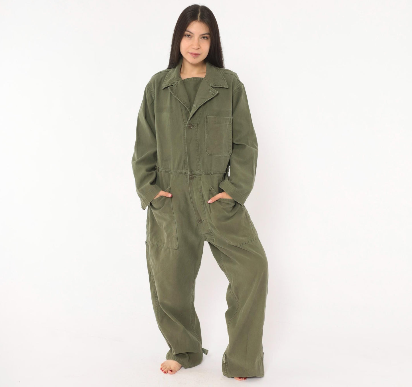 80s Army Olive Cotton Coveralls Button Front Jumpsuit Medium M