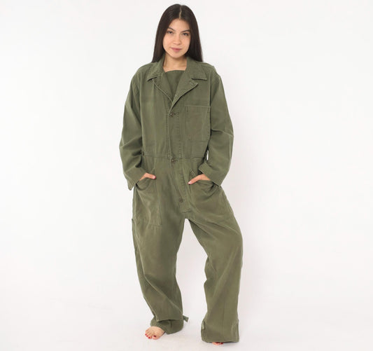 80s Army Olive Cotton Coveralls Button Front Jumpsuit Medium M