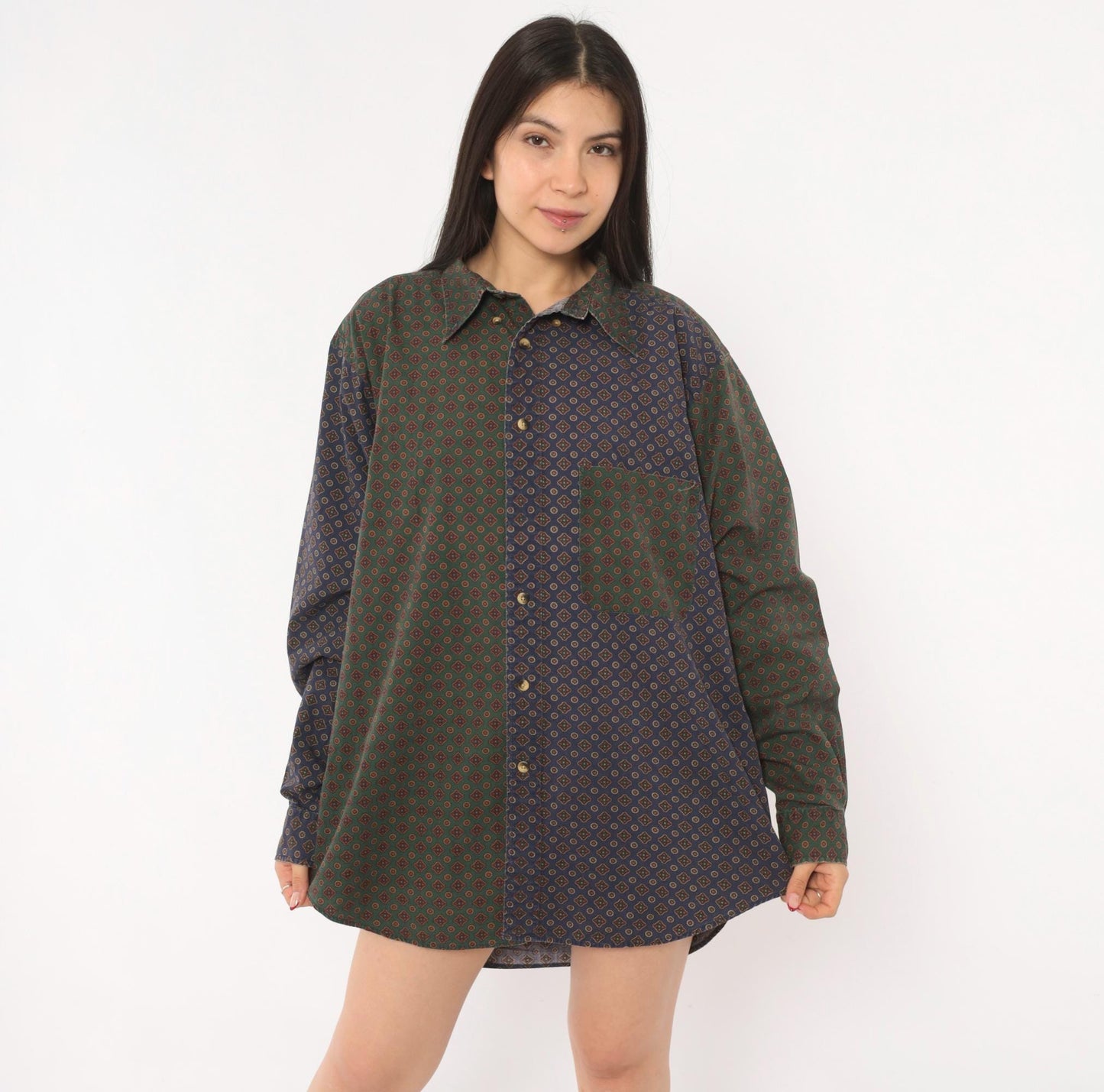 90s Nautica Patchwork Button Shirt Medallion Print Olive Navy Large L
