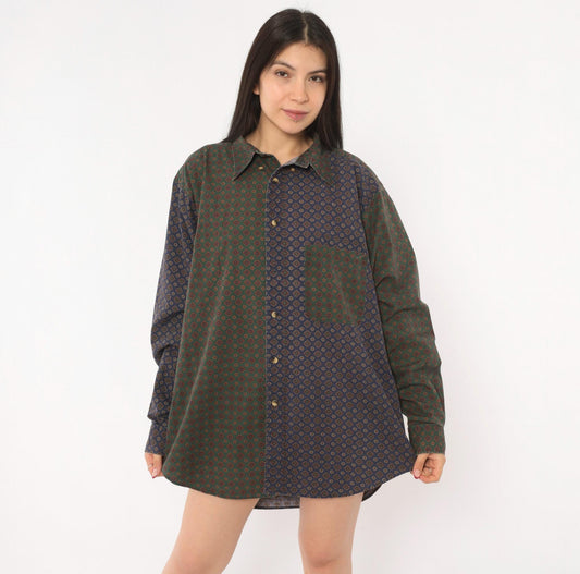90s Nautica Patchwork Button Shirt Medallion Print Olive Navy Large L
