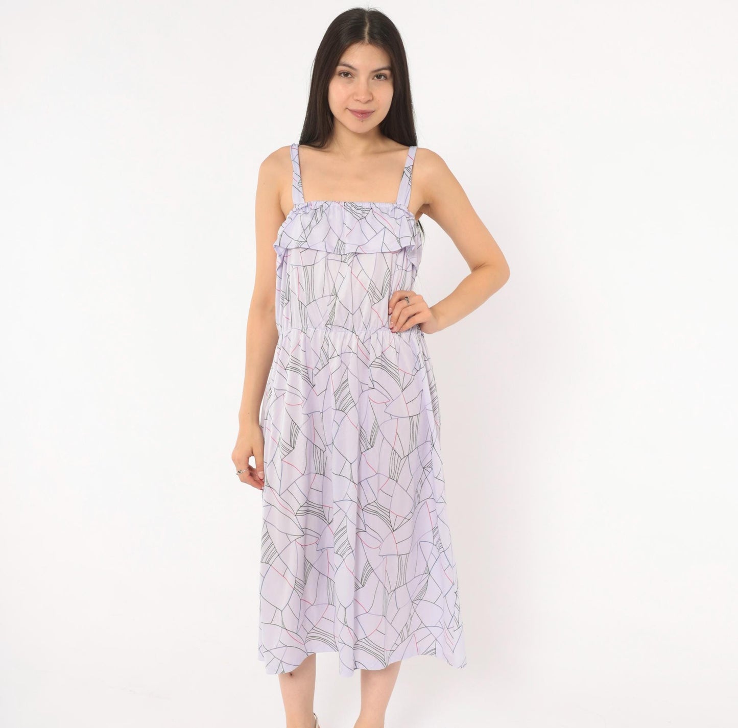 80s Lilac Abstract Geometric Midi Sundress Ruffle Bodice Strappy Small
