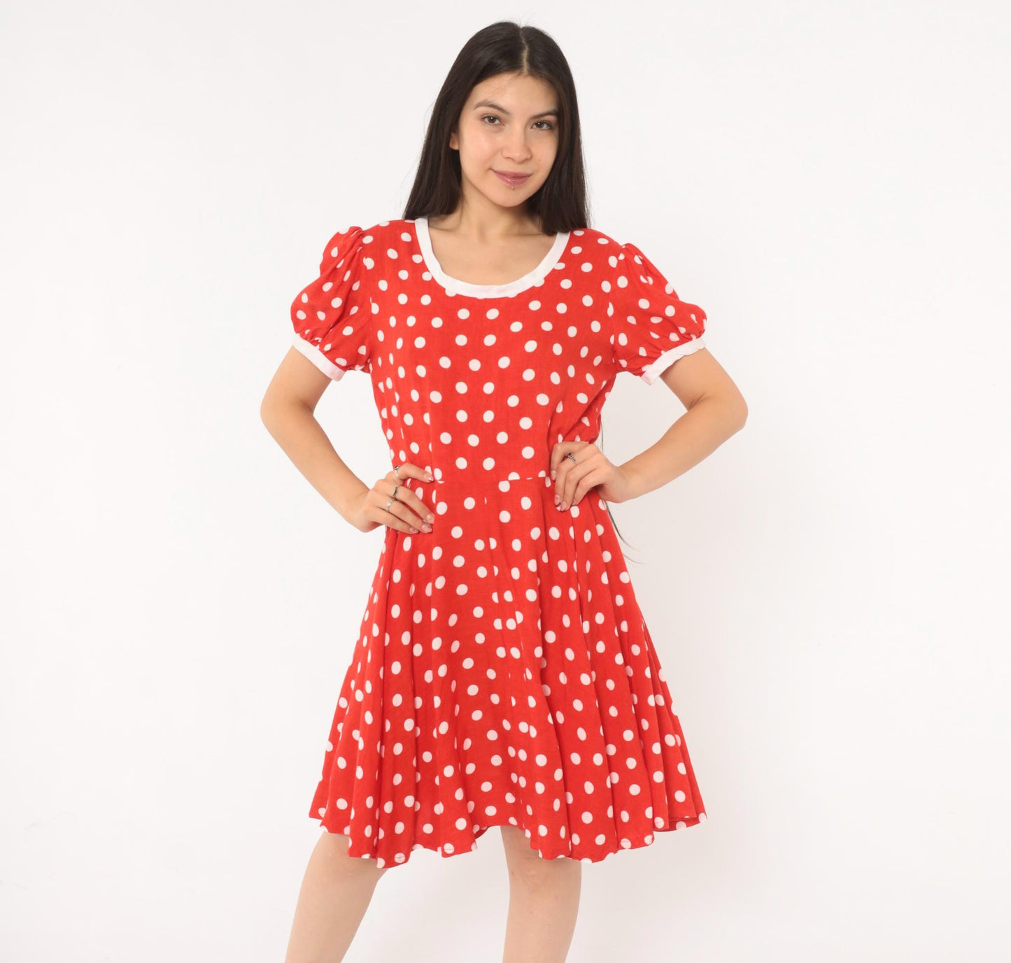 80s Red White Polka Dot Babydoll Dress Puff Sleeve Cotton Swing Mini Small