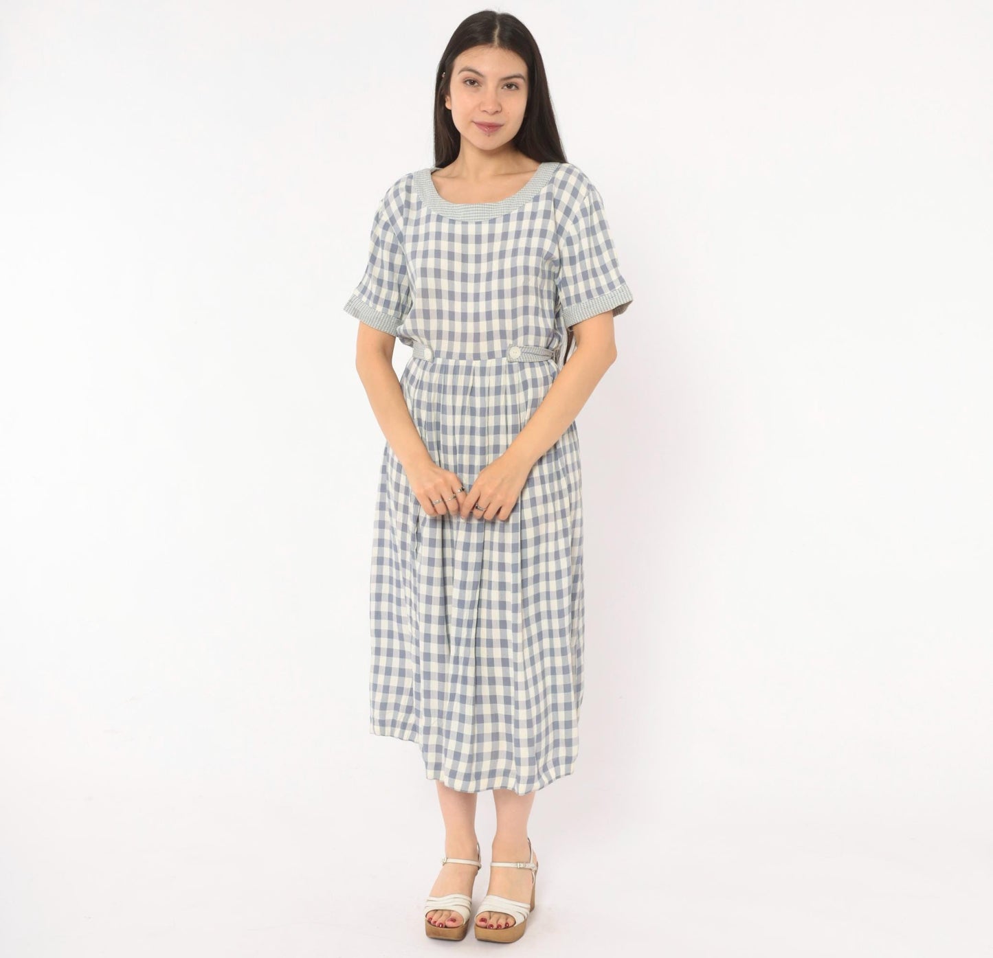 90s SL Fashions Gingham Midi Dress Blue White Check Button Back Medium
