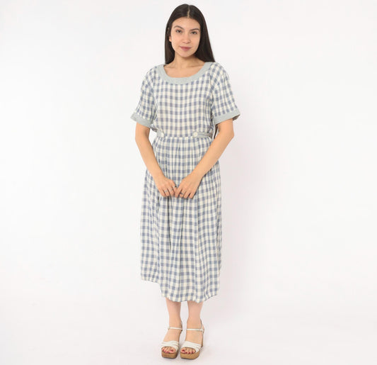 90s SL Fashions Gingham Midi Dress Blue White Check Button Back Medium