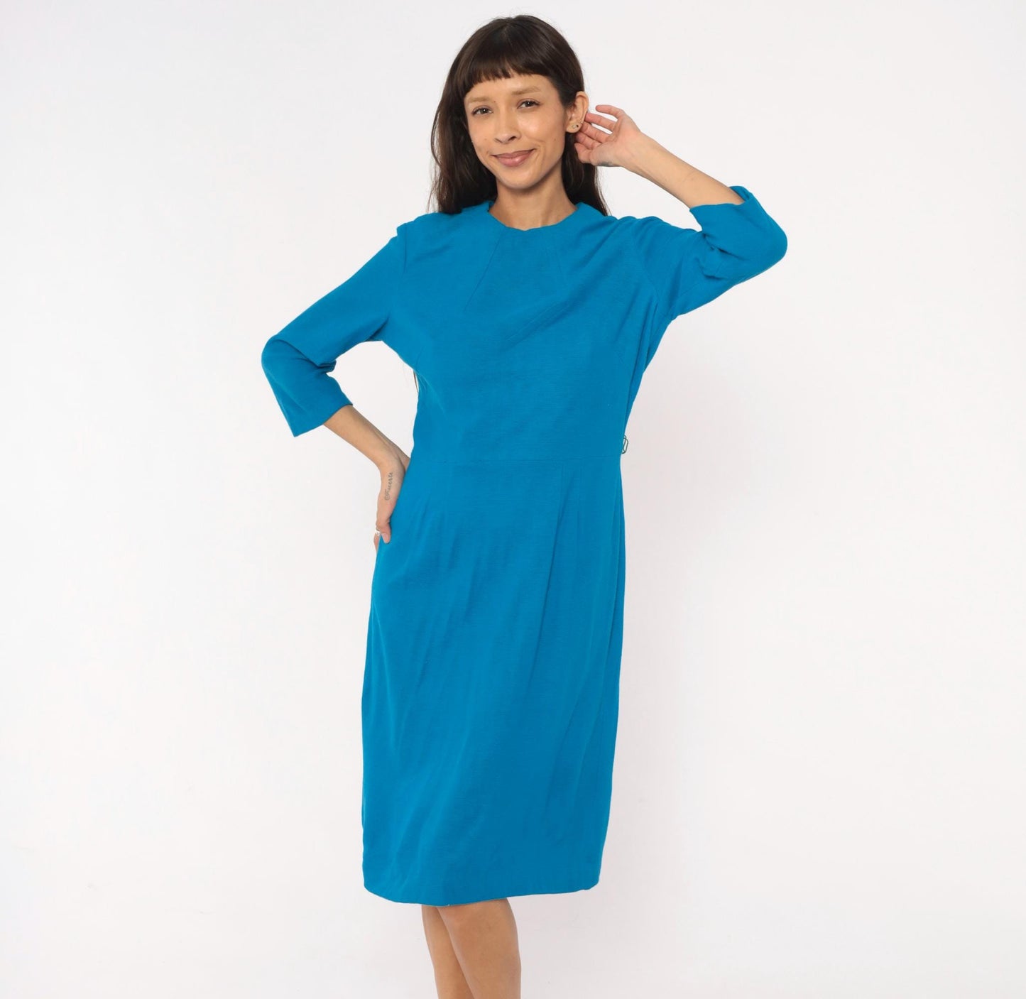 60s Cerulean Blue Sheath Dress Three Quarter Sleeve Chevron Mod Medium M