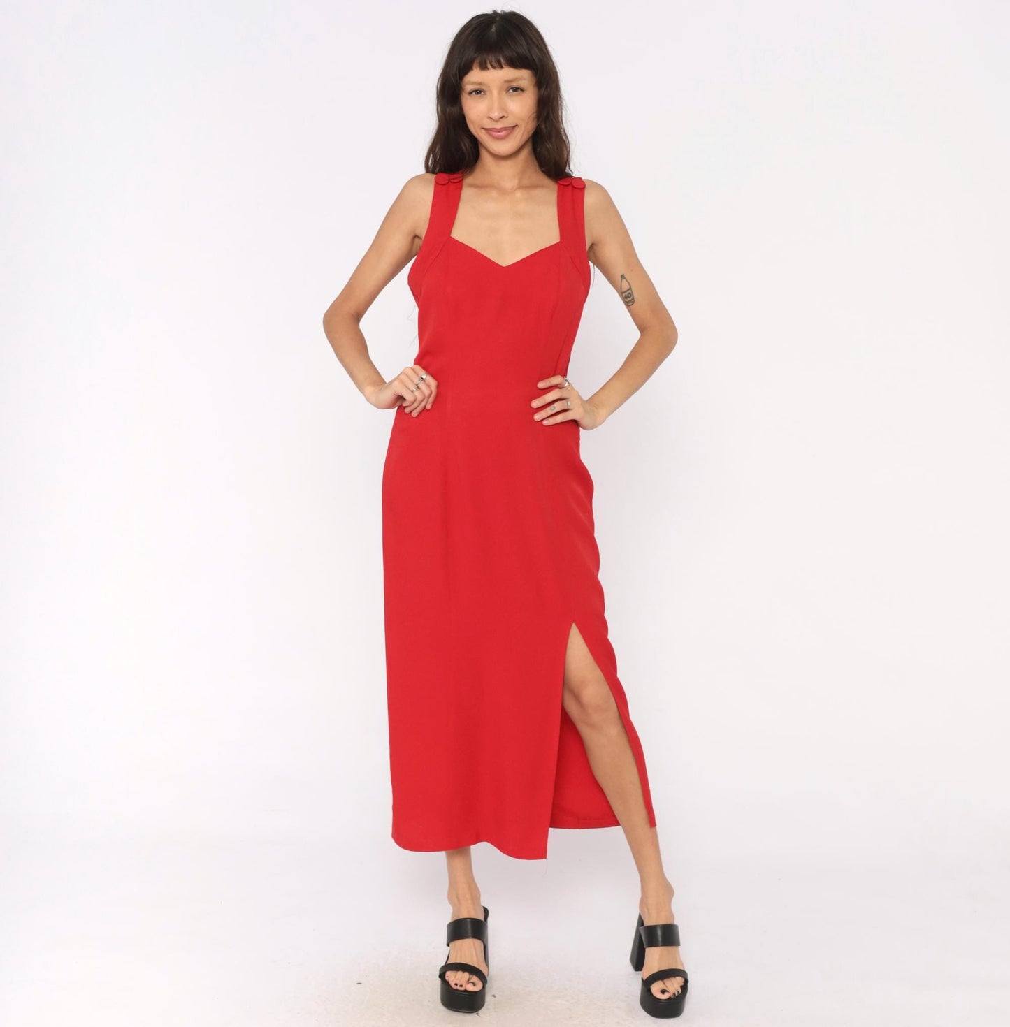 90s Red Midi Dress Sweetheart Neckline Crossback Open Back Medium Large