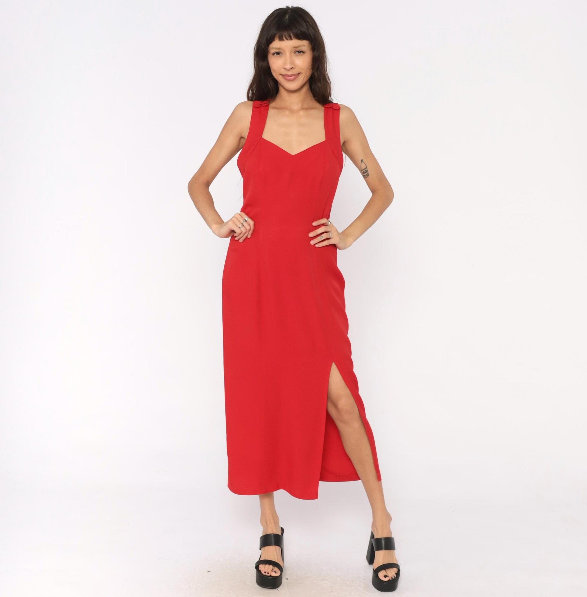 90s Red Midi Dress Sweetheart Neckline Crossback Open Back Medium Large
