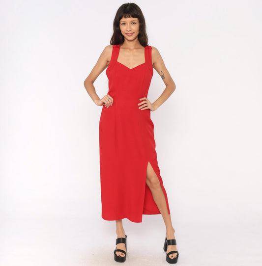 90s Red Midi Dress Sweetheart Neckline Crossback Open Back Medium Large