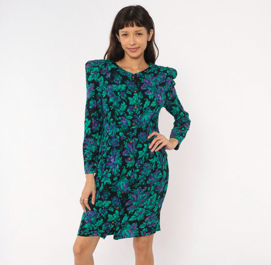 90s Petite Jazz Floral Button-Front Dress Teal Black Botanical Shoulder Pad Large