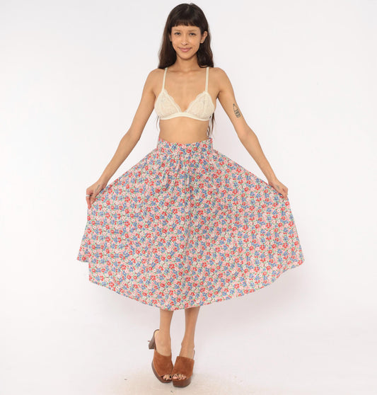 80s Floral Midi Skirt Pink Blue Calico Print High-Rise Pleated Small