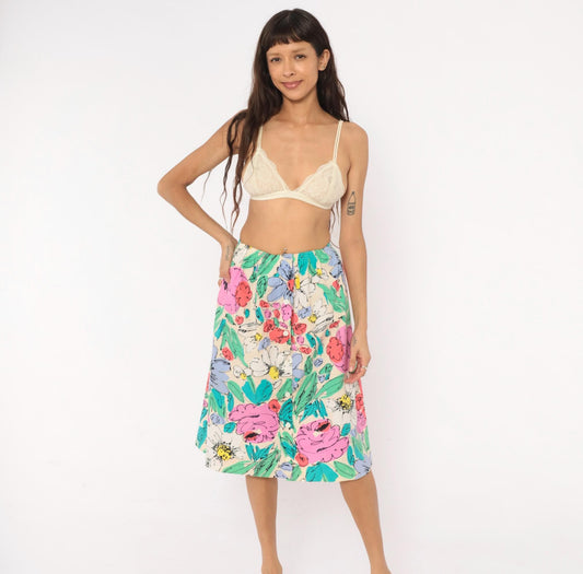 90s Floral Button Front Midi Skirt Cream Watercolor Cotton Small
