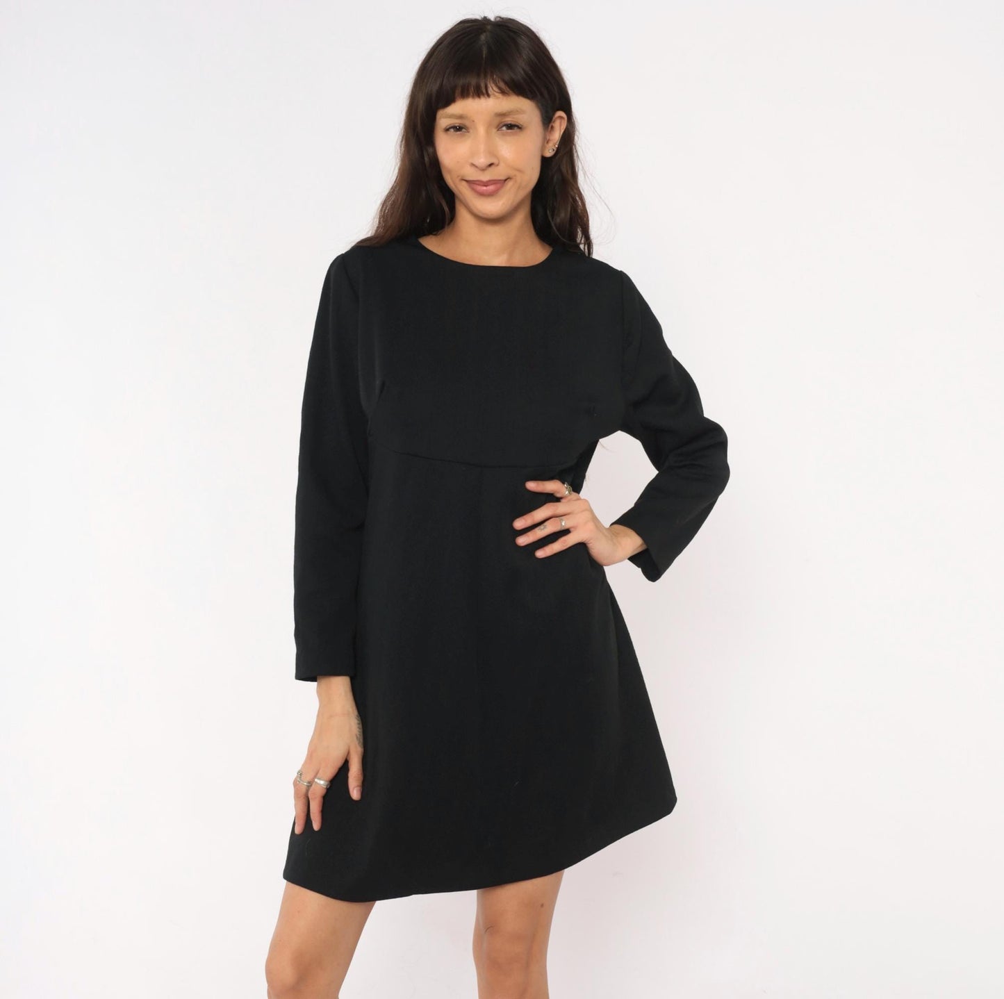 70s Black A-Line Dress Empire Waist Long Sleeve Round Neck Zip Back Large L