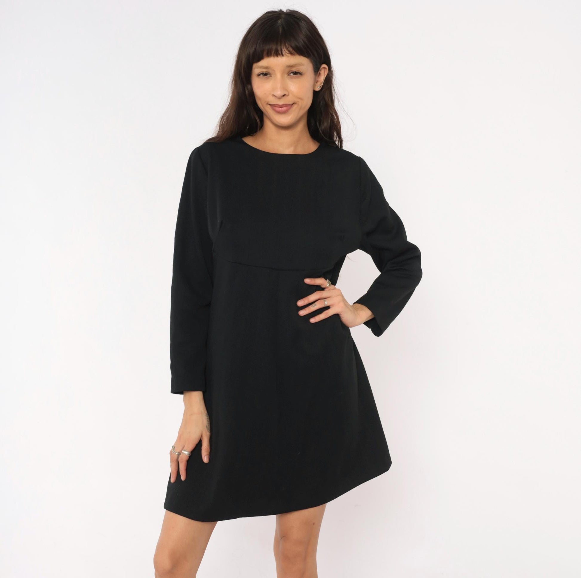 70s Black A-Line Dress Empire Waist Long Sleeve Round Neck Zip Back Large L