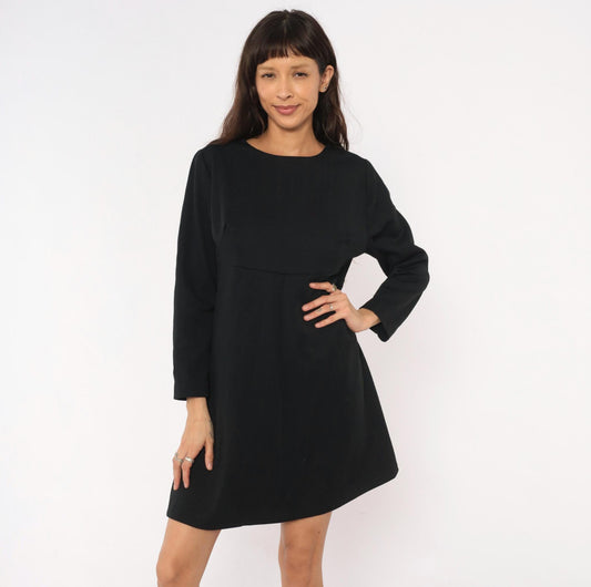 70s Black A-Line Dress Empire Waist Long Sleeve Round Neck Zip Back Large L