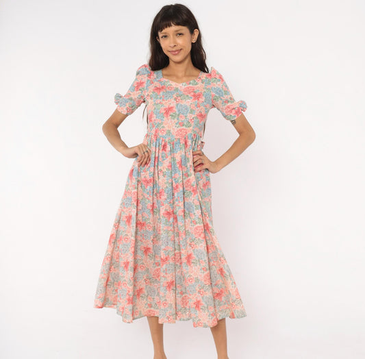 80s Floral Midi Dress Pink Blue Puff Sleeve Sweetheart Cotton XXS