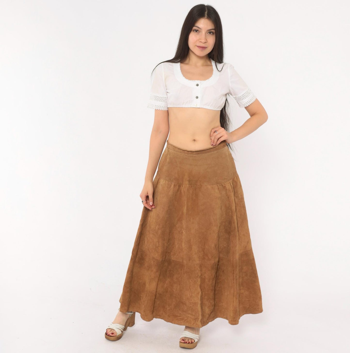 90s JH Collectibles Suede Maxi Skirt Tan A-Line Tiered Medium M