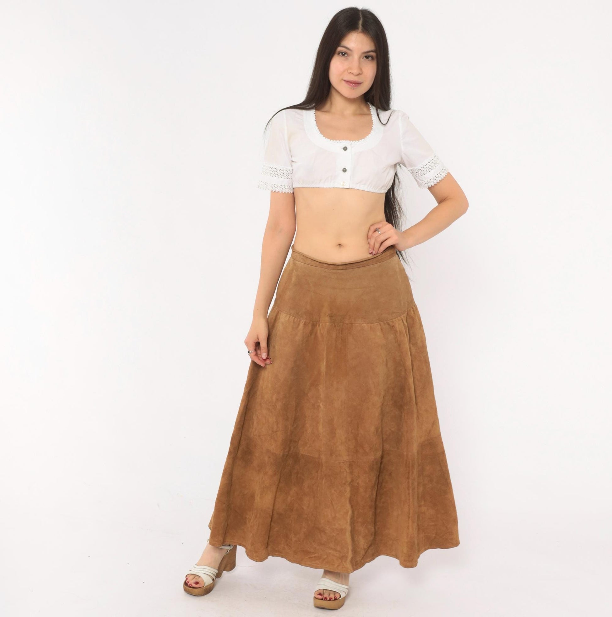 90s JH Collectibles Suede Maxi Skirt Tan A-Line Tiered Medium M