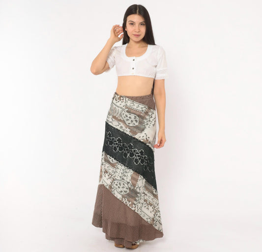 70s Chessa Davis Patchwork Maxi Wrap Skirt Brown Black Paisley Crochet Lace Large L